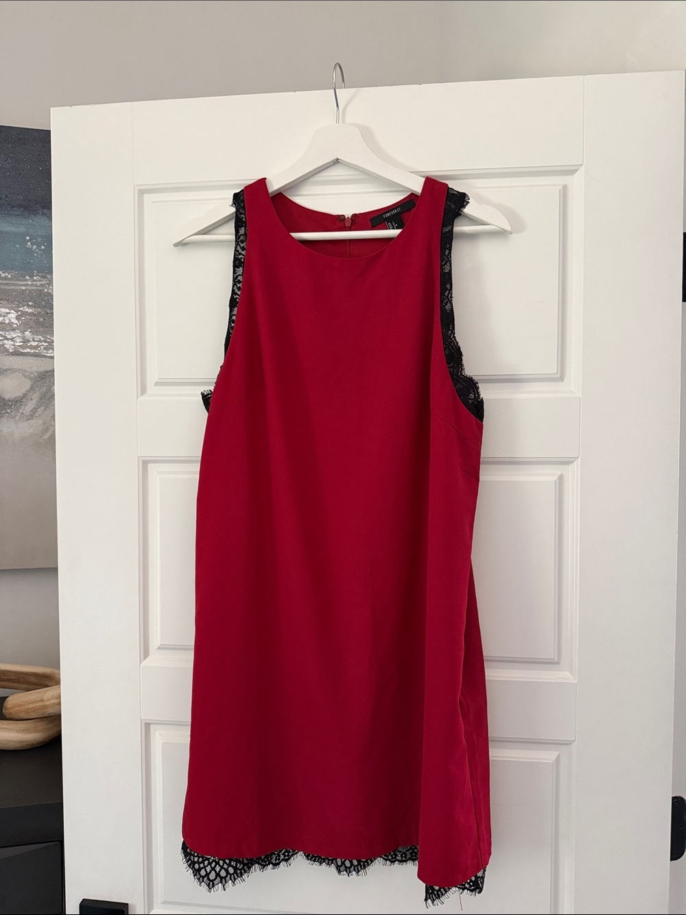 F21 Sleeveless Red Lace-Trim Shift Dress L